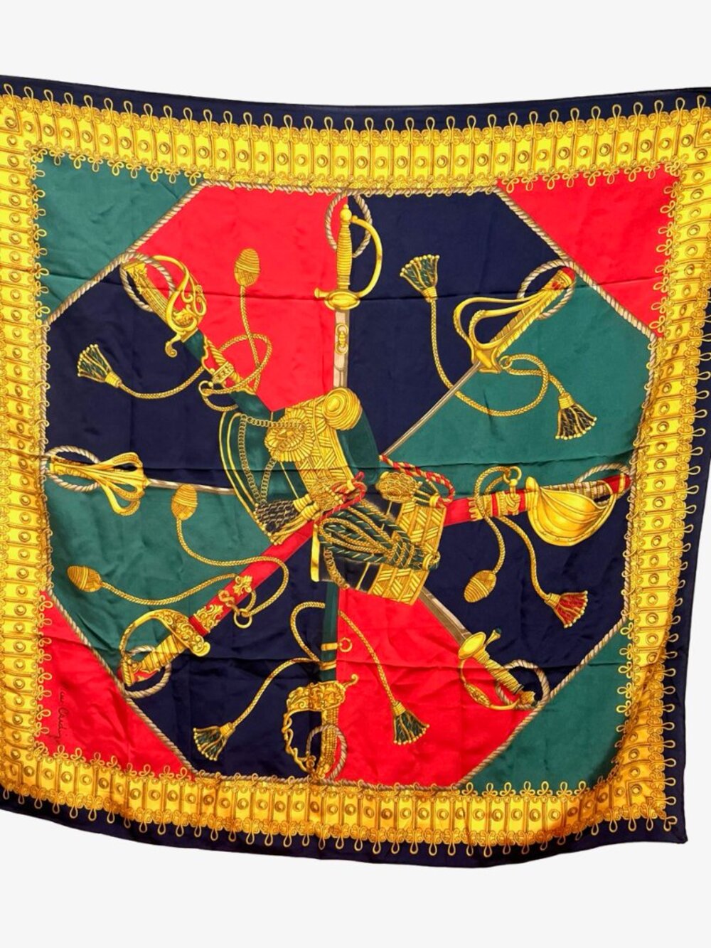 Vintage Pierre Cardin Paris 100% silk satin scarf 34" red black gold green (73 - Picture 6 of 11